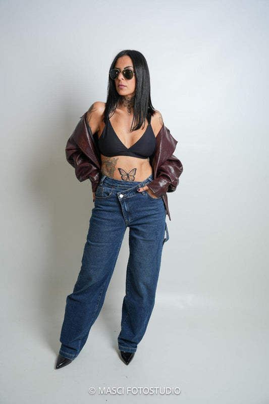 Jeans Wide Balloon Cargo Chiusura Ad Incrocio